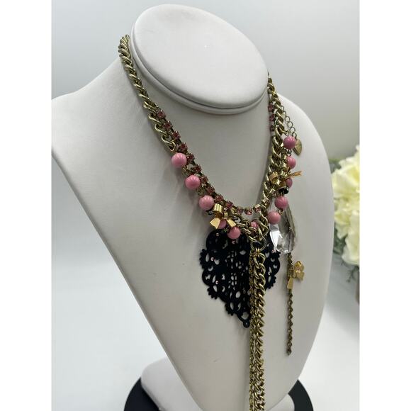 Betsey Johnson Multistrand Webb Bows Pink Beads Crystals Black Heart Necklace - Picture 9 of 10